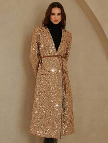 BELROSIE Cappotto lungo da donna con scollo a V, doppiopetto, decorato con bottoni in metallo, in colori marrone e oro, con paillettes, adatto per l'autunno/inverno - Champagne - Visualizzare 6