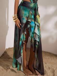 Opulessa 女式全身印花荷叶边下摆性感露背吊带连衣裙 - 棕色 - 查看 5