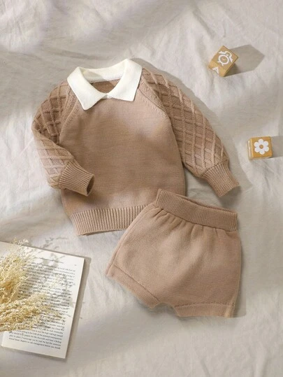 SHEIN Vintaside Kids 2 件卡其色幼儿毛衣套装 - 长袖有领套头衫 + 休闲短裤，简约时尚，适合日常穿着