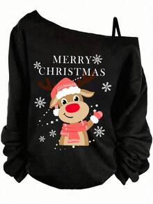 EMERY ROSE Plus Size Black Reindeer Print Off-Shoulder Long Sleeve Sweatshirt,Autumn Smart Casual Pullover,Cute Halloween Jumper For Women,Aniversário T-Shirt - Black - View 4