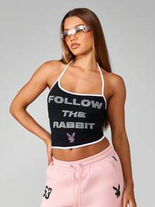 Missguided x Playboy 跟随兔子吊带短款上衣水晶文字细节对比装订夏季节日背心 Y2K 美学派对俱乐部 - 黑與白 - 查看 3