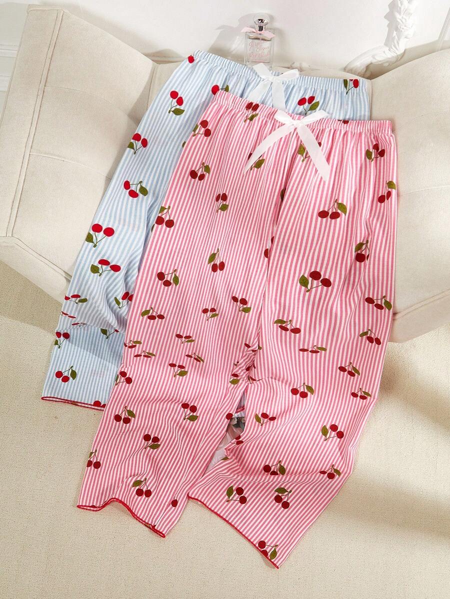 Snug Zone 2件套女士粉蓝条纹樱桃印花裤装可爱套装,秋冬服装 - 彩色 - 查看 1
