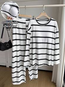 SHEIN EZwear 2pcs/Set Casual Striped Long Sleeve T-Shirt With Padded Bust And Pants, Versatile Plus Size, Autumn/Winter Black And White Striped Loungewear Set - Black and White - View 1