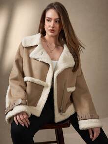 Chikora 加大码保暖内衬外套，适合通勤、秋冬季穿着，女士外套，休闲女式外套，女士衬衫式外套，感恩节女式外套，新年女式外套，万圣节女式外套，优雅圣诞女式外套，秋冬女式外套，万圣节服装，圣诞节女式外套，新年女式外套，感恩节女式外套 - 卡其色 - 查看 6