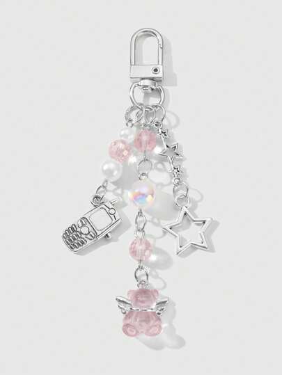 Kawaii 1 pezzo Ciondolo per telefono, portachiavi o borsa, stile accademico minimalista e carino, con catena d'argento, perle finte e cristalli, a forma di sfera, stelle e fiocco a forma di fragola, adatto per le donne, per uso quotidiano o come regalo di San Valentino