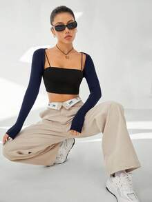 Comfortcana Spring Solid Crop Cardigan Without Cami Black Top In Fall/Winter - Navy Blue - View 6