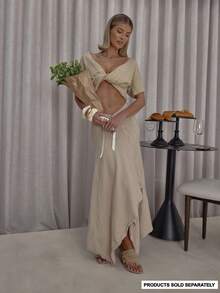 MUSERA Asymmetric Button Down Dipped Waist Knitted Maxi Sweater Skirt Co-Ord Bottoms Only Classy Casual Sexy Streetwear Going Out Toffee Evening Party Elegant Spring - Khaki - View 2