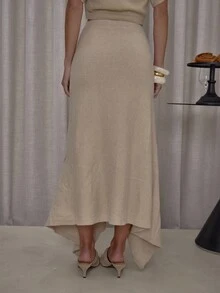 MUSERA Asymmetric Button Down Dipped Waist Knitted Maxi Sweater Skirt Co-Ord Bottoms Only Classy Casual Sexy Streetwear Going Out Toffee Evening Party Elegant Spring - Khaki - View 5