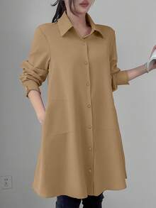 SHEIN Unity Women's Casual Solid Color Long Sleeve Mid-Length Shirt Fall Cloth For Women - Khaki - View 7