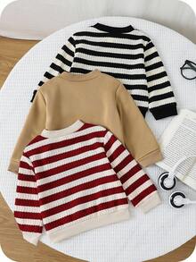 SHEIN 3件套男婴/女婴休闲基本款条纹圆领运动衫，秋冬