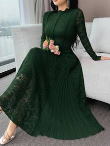 Feyla 女士优雅派对纯色蕾丝拼布连衣裙 - 墨綠色 - 查看 7