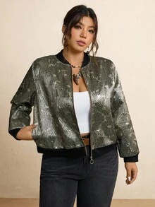 SHEIN LUNE 大码女式优雅通勤提花拉链夹克圣诞节圣诞新年感恩节派对奢华秋冬女装 - 金色 - 查看 3