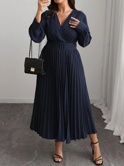 Elenzga Plus Size Women's V-Neck Solid Color A-Line Long Sleeve Dress, Elegant Office & Casual, With Waist Belt, Suitable For Spring, Autumn & Winter, For Christmas Maxi Women Outfit Navy Blue Elegant Dress Pleated Skirt Dress Elegant Navy Dress Long Sleeve Elegant Dress Pleated Dresses For Women