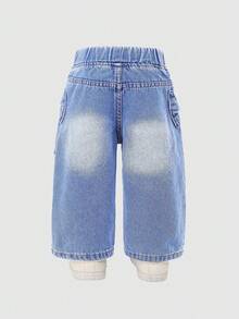 SHEIN 牛仔女婴休闲日常都市街头风可爱蝴蝶结装饰简约百搭牛仔裤 - 淺色水洗藍 - 查看 2