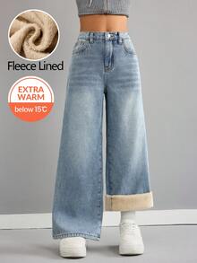 SHEIN 少女基础款浅色水洗牛仔保暖宽松裤，秋冬保暖穿搭，休闲高腰牛仔裤，百搭阔腿牛仔裤，Y2K风格，女教师装，返校装，教堂礼服，商务休闲装，工装牛仔裤连衣裙，女童秋冬宽松裤，青少年高腰长款阔腿牛仔裤，街头风，冬季牛仔裤