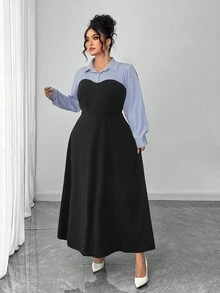 Elenzga 大码条纹拼接 A 字休闲办公装高低下摆束腰中长连衣裙，适合秋冬女士 - 黑色 - 查看 8