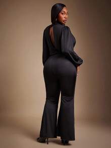 SHEIN SXY 大码时尚性感纯色低胸连体裤 - 黑色 - 查看 3