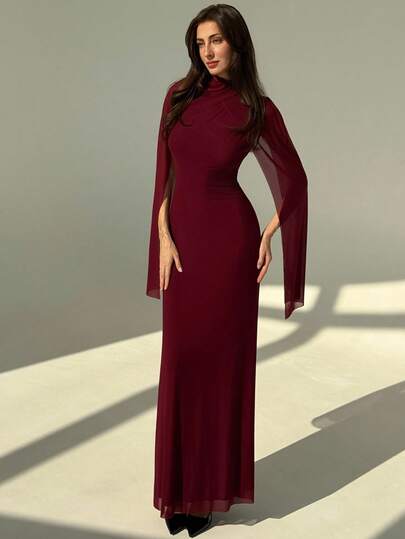 Aloruh Eggplant Purple Mesh Minimalist Party Prom Flowy Bodycon Dress For Women