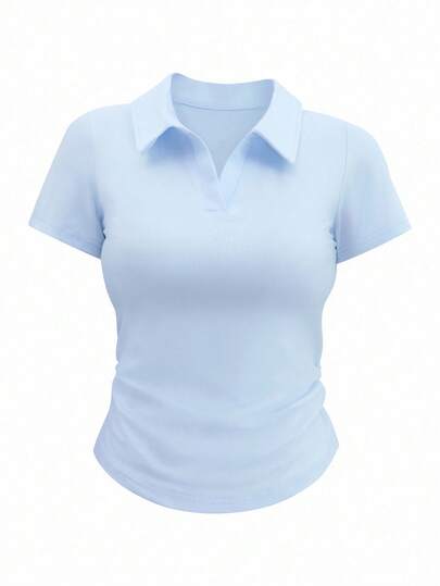 Airaco Women's Solid Color Collared Ruched Jersey Short Sleeve Casual T-Shirt