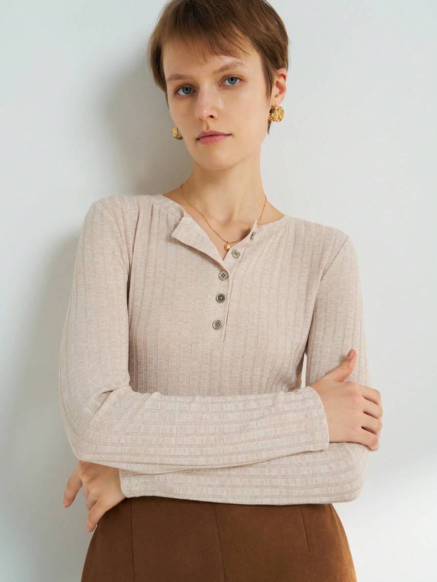 Airaco Women's Solid Color Button Half Placket Long Sleeve Ribbed Casual T-Shirt - Apricot - View 1