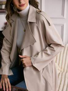 LanaWest 杏色夸张领口通勤长腰收腰女式风衣 - 杏色 - 查看 5