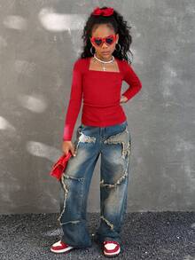 Coolane Tween Girls T-Shirt With Queen Anne Neckline For Everyday Casual Style Long Sleeve,Fall/Winter,Halloween ,Christmas,Party,Graduation ,Elegant - Red - View 2