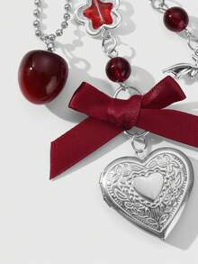 ROMWE Kawaii 1pc Y2K Fashionable Delicate Silver Hollow Resin Star Wing Heart Ribbon Bow Crystal Strawberry DIY Heart Keychain Bag Charm, Suitable For Women/Girls Daily Wear, Holiday Gift - Burgundy-54 - View 5