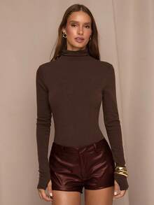 SHEIN BAE Quần short lưng thấp màu trơn thường ngày dành cho nữ - màu nâu - Xem 7