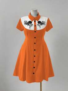 Sunspun Punk Chic Fashion Collared Casual Versatile Contrast Color Spider Print Waist Flare A-Line Dress - Orange - View 4