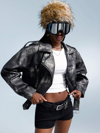 GENKIRA Chaqueta de cuero negra y blanca de estilo vintage de motocicleta, hecha de cuero de alta calidad, diseño de solapa clásico, cintura ancha, elegante y de moda