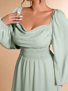 Cravure Christmas Plus Size Elegant Party Solid Color Draped Neck Side Slit Dress - Mint Green - View 3
