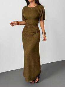 SHEIN PETITE Váy vải lanh pha trộn màu trơn thanh lịch dành cho nữ mùa hè, - xanh quân đội - Xem 5