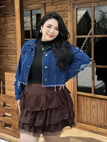 SHEIN ICON Chaqueta vaquera lavada, desgastada y deshilachada de talla grande - Azul lavado oscuro - Ver 4