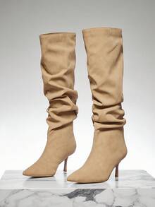 SHUZIA Women Winter Casual Chic Sexy High Heeled Zip-On Knee-High Boots For Christmas - Khaki - View 7