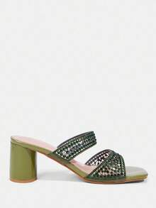 CUCCOO TILAWA Sandalias de tacón grueso cuadrado elegantes y cómodas con recortes y rhinestones para mujer, adecuadas para el uso diario y eventos - Verde Oliva - Ver 2