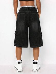 SHEIN ICON 女士多口袋宽松阔腿五点式牛仔短裤 - 黑色 - 查看 2