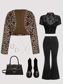 SHEIN MOD Plus Size Faux Leopard Fur Print Cropped Faux Fur Coat,Winter,Red,Western,Night Out Club Retro Autumn Fall Coats - Multicolor - View 9