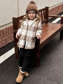 SHEIN 2件装女童格子卡其色和米色双面抓绒连帽外套，长袖，休闲家居/户外冬季穿着，亲子装（妈妈和我，单独出售） - 杏色 - 查看 4