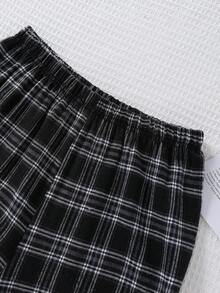 2 件青少年男孩休闲睡衣套装 - 灰色圆领长袖衬衫，带有 SLEEP 印花，搭配宽松黑白格子裤，柔软针织面料，舒适的家居服 - 彩色 - 查看 3