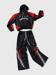 ROMWE MEN Prep 2 件男士运动赛车元素连帽运动衫和配套运动裤套装，适合秋冬季日常穿着 - 彩色 - 查看 5