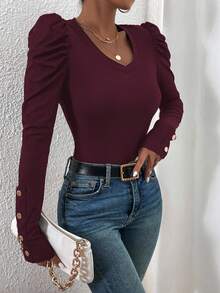 EMERY ROSE Women's Solid Color Casual Long Sleeve T-Shirts, Versatile & Minimalist - Burgundy - View 4