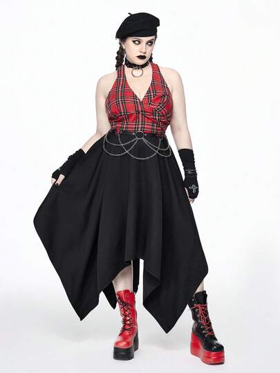 Grunge Punk Vestido de talla grande con diseño de busto retorcido de parches de tartán rojo vintage estilo grunge-punk, bajo asimétrico con cadena metálica en la cintura, para otoño/invierno, vestido largo de moda retro para mujeres de talla grande, para Halloween y uso diario