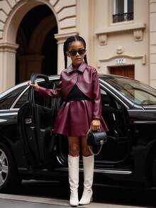 3pcs Young Girls Sweet Fashion Deep Red Long Sleeve PU Leather Collar Jacket, Paired With Simple Black Long Sleeve Top And Deep Red PU Leather A-Line Skirt Soft Comfortable Set, Autumn/Winter Fall - Rusty Rose - View 2