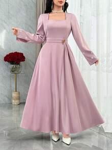 Modelyn Vestido elegante de longitud media con cuello de corazón, manga larga y adornos de rhinestones en unicolor para mujer