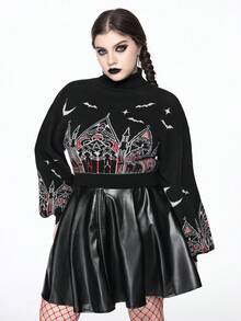 ROMWE Gothic Christmas Castle & Cross Pattern Plus Size Women Turtleneck Contrast Color Pullover Sweater - Black - View 6