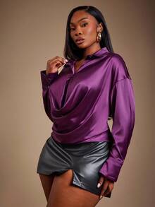 SHEIN SXY Plus Size Women's Autumn/Winter New Sexy Elegant Purple Plunging Neckline Satin Blouse