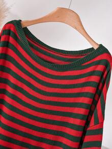 CosyJoli 大码休闲圣诞条纹船领宽松蝙蝠袖套头衫和直筒裤套装，女士红色裤子，红色圣诞裤套装女士秋冬装 - 彩色 - 查看 3