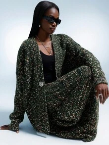 Aveloria Affinna Autumn/Winter New Mixed Polka Dot Mesh Olive Green V-Neck Metal Asymmetrical Buckle Loose Cardigan With Long Skirt, Casual Matching Soft Women Sweater 2 Pieces Set - Green - View 1