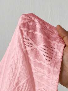 SHEIN Frenchy 大码女式休闲日常通勤纯色纹理面料撞色蕾丝灯笼袖宽松T恤，春秋季 - 粉色 - 查看 7