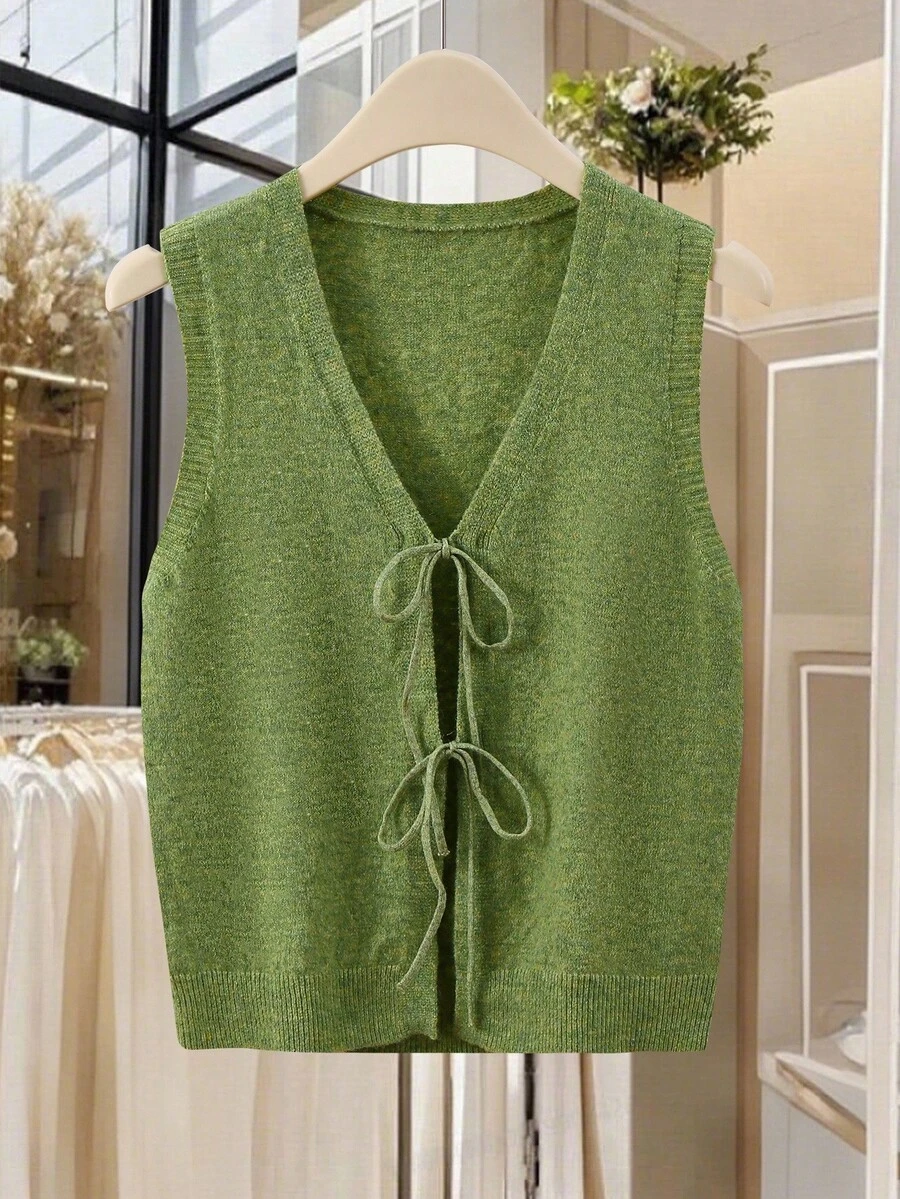 Modelyn Women's Sleeveless Tie-Up Elegant Knitted Vest - Green - View 1